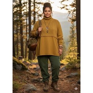 NWT Mustard Yellow Oversized Turtleneck Sweater Chunky Cable Knit Pom Pom